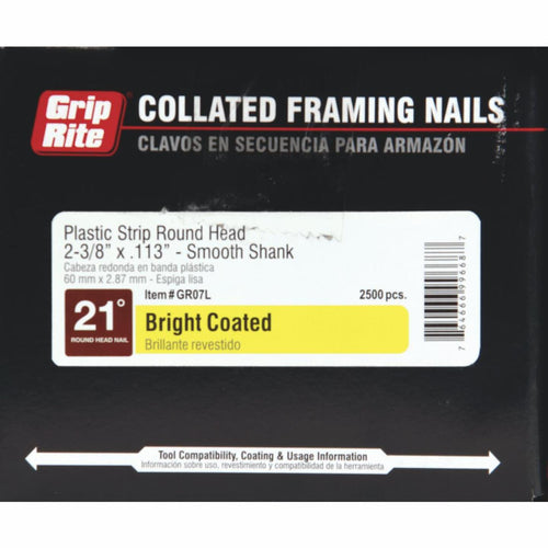 Grip-Rite 21 Degree Plastic Strip Bright Full Round Head Framing Stick Nail, 2-3/8 In. x .113 In. (2500 Ct.)